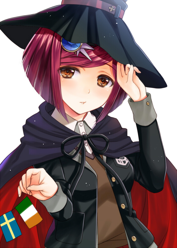 1girl brown_eyes cape dangan_ronpa hair_ornament hairclip hand_on_headwear hat hijiri_ruka irish_flag looking_at_viewer new_dangan_ronpa_v3 redhead school_uniform short_hair swedish_flag witch_hat yumeno_himiko