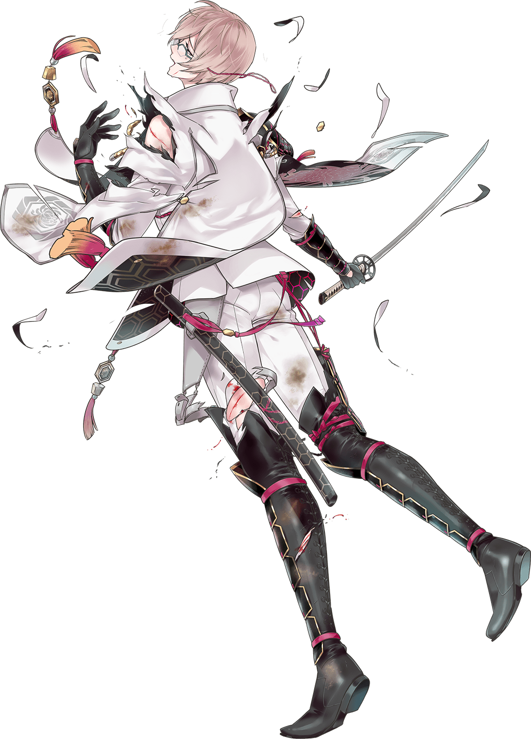 1boy armor black_gloves blonde_hair blood blue_eyes boots dirty_clothes from_behind glasses gloves highres homerun_ken injury japanese_armor kikkou_sadamune kiwame_(touken_ranbu) looking_back male_focus official_art open_mouth pants sode tassel thigh-highs thigh_boots torn_boots torn_clothes torn_pants touken_ranbu transparent_background