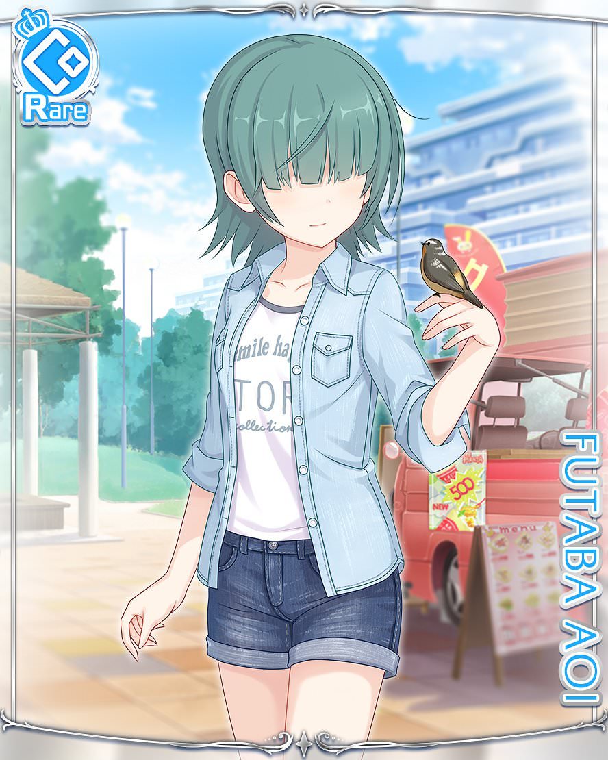 1girl bird card_(medium) cygames denim denim_jacket denim_shorts food_truck futaba_aoi_(princess_connect!) green_hair hair_over_eyes official_art princess_connect! short_hair shorts