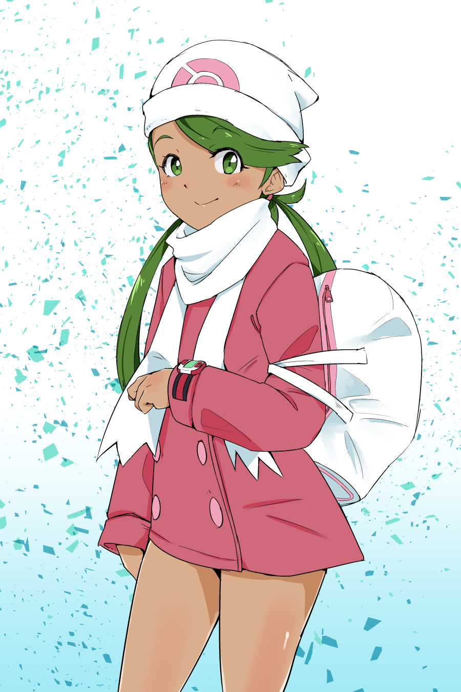 1girl arm_at_side bag bangs beanie blue_background closed_mouth coat cosplay cowboy_shot dark_skin duffel_bag eyebrows_visible_through_hair gradient gradient_background green_eyes green_hair hat highres hikari_(pokemon) hikari_(pokemon)_(cosplay) long_hair long_sleeves looking_at_viewer low_twintails mallow_(pokemon) ninchan pink_coat pokemon pokemon_(game) pokemon_dppt pokemon_sm poketch smile solo standing swept_bangs thighs twintails watch watch white_hat white_sarf winter_clothes winter_coat