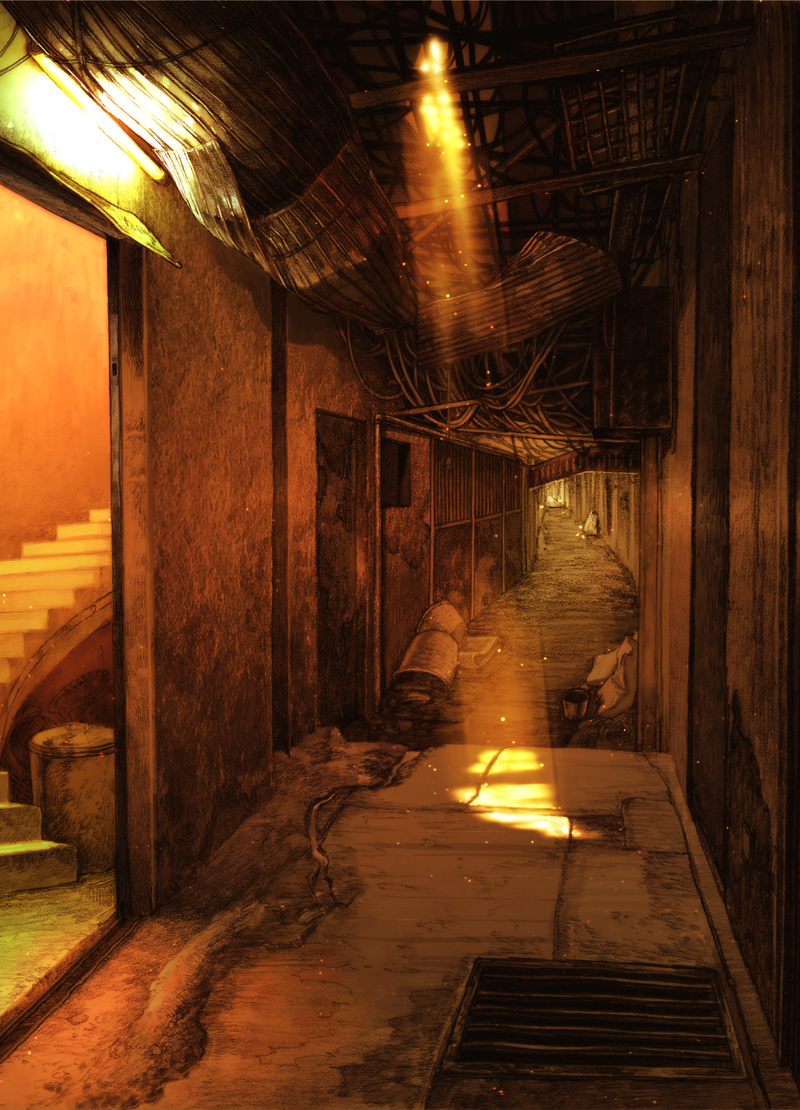 dilapidated dust hallway light rubble scenery shade shadow stairs street sunbeam sunlight trashcan urban wires yuanmaru