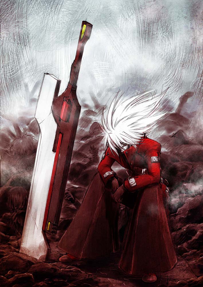 blazblue corpse huge_sword huge_weapon male ragna_the_bloodedge red_eyes short_hair silver_hair sword toto._(nahanahasai) toto_(pixiv524017) weapon