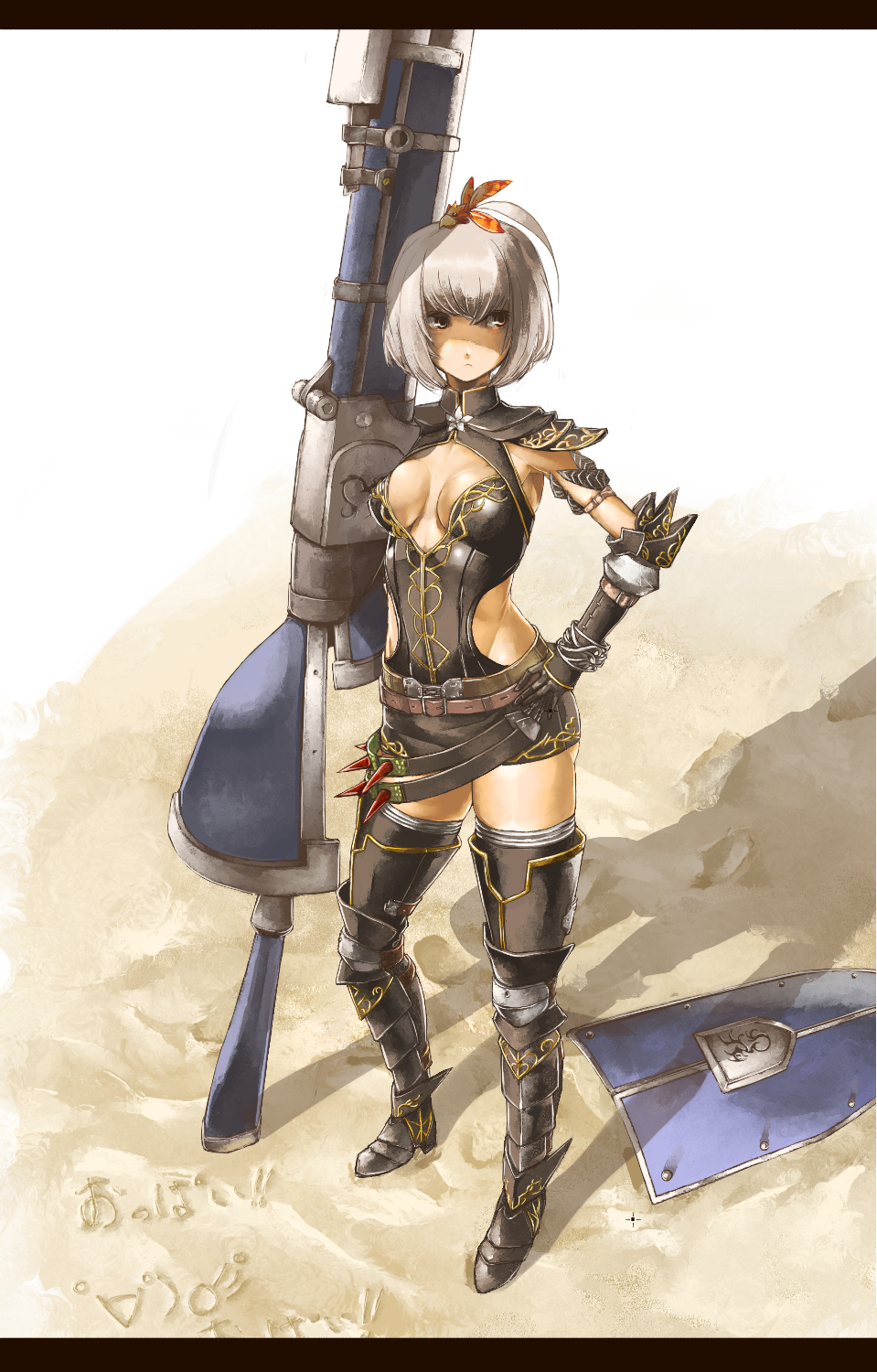 armpits bangs belt black_legwear blunt_bangs bob_cut boots bracelet breasts brown_eyes cleavage cleavage_cutout dress elbow_gloves gloves greaves grey_hair gun gunlance hair_ornament hand_on_hip high_ponytail highres huge_weapon jewelry letterboxed looking_away midriff monster_hunter monster_hunter_frontier no_bra noir_(armor) outdoors ponytail ribbon sand shadow shield short_dress short_hair side_slit silver_hair solo spikes standing thigh_boots thighhighs tissue_(pixiv) translation_request weapon zettai_ryouiki