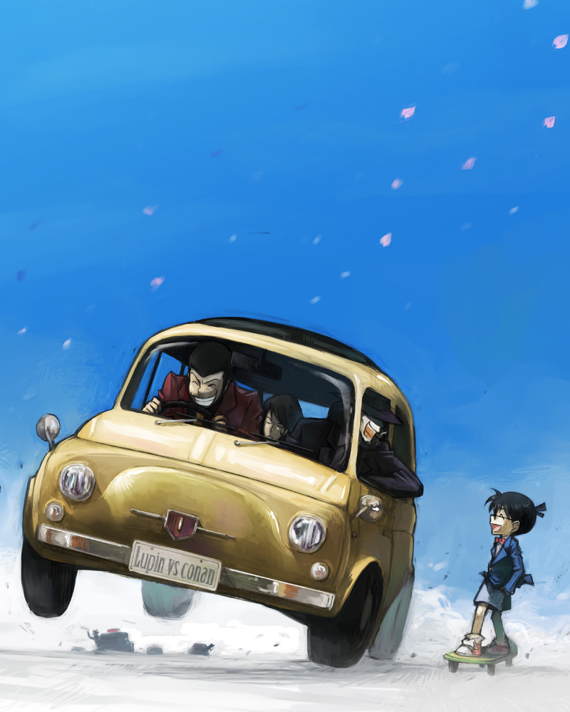 arsene_lupin_iii beard black_hair brown_hair car crossover detective_conan driving edogawa_conan facial_hair fedora fiat fiat_500 glasses haruhashi hat ishikawa_goemon_xiii jigen_daisuke laughing lupin_iii lupin_sansei_vs_meitantei_conan male meitantei_conan motor_vehicle multiple_boys petals sideburns skateboard vehicle