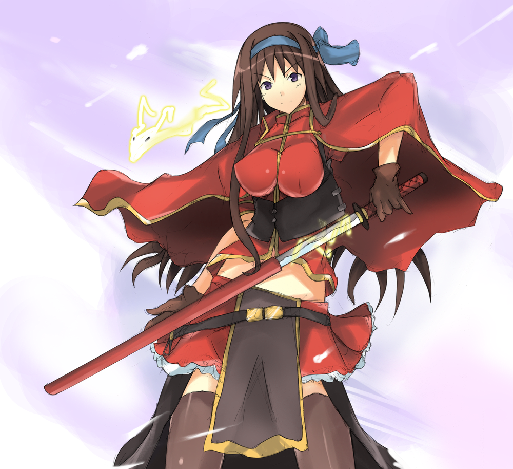 arao breasts brown_hair cape chokuto gloves headband katana large_breasts long_hair midriff pixiv pixiv_fantasia pixiv_fantasia_3 purple_eyes sheath skirt smile sword thigh-highs thighhighs unsheathing violet_eyes weapon zettai_ryouiki