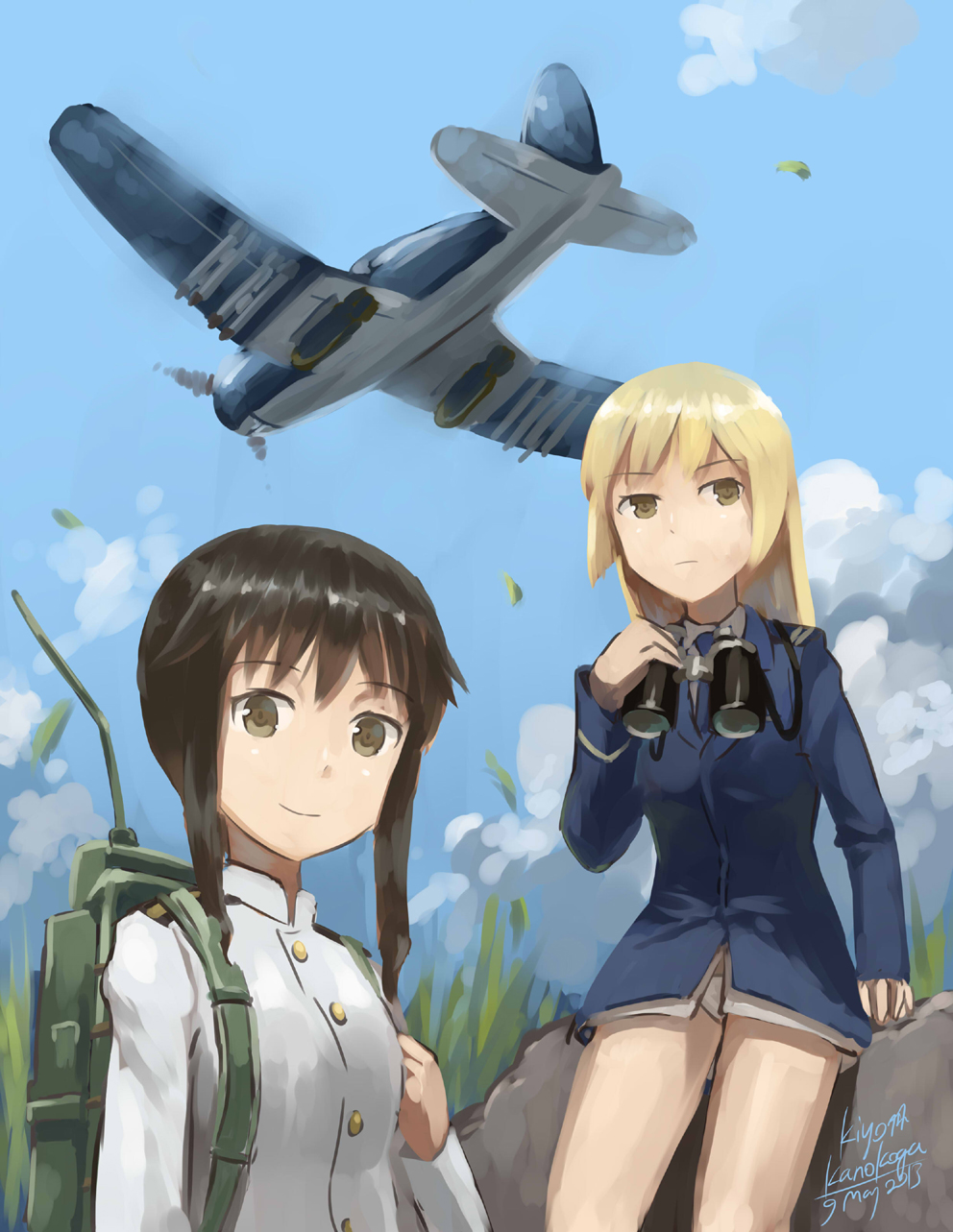 2girls aircraft artist_name binoculars blonde_hair brown_eyes brown_hair clouds dated field_radio highres kanokoga long_hair marian_e_carl military military_uniform multiple_girls radio short_hair sky strike_witches takei_junko they're_not_panties uniform yellow_eyes