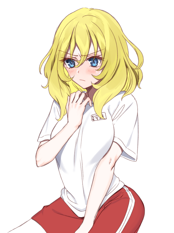1girl angry bangs blonde_hair blue_eyes blush closed_mouth commentary_request eyebrows_visible_through_hair frown girls_und_panzer gym_uniform looking_away medium_hair name_tag oshida_(girls_und_panzer) red_shorts shirt short_shorts shorts shutou_mq simple_background single_vertical_stripe solo standing sweatdrop t-shirt upper_body v-shaped_eyebrows white_background white_shirt
