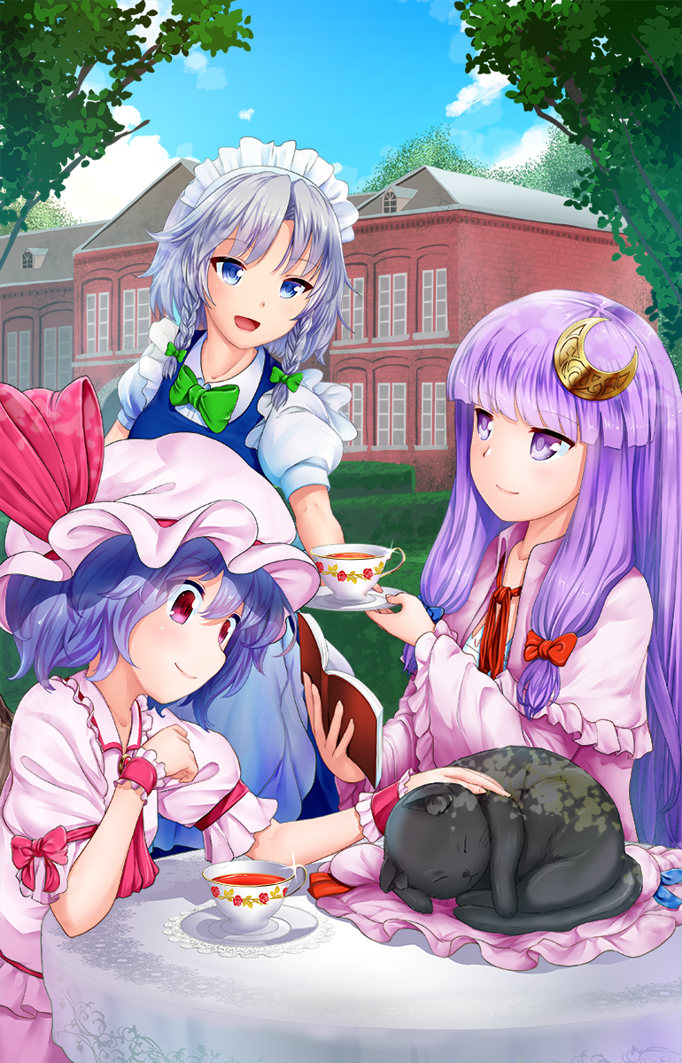 3girls apron bangs black_cat blue_bow blue_dress blue_eyes blue_hair book bow braid brooch building cat closed_mouth clouds cloudy_sky commentary_request cravat crescent crescent_hair_ornament cup day doily dress excel_(shena) eyebrows_visible_through_hair frilled_dress frilled_shirt frilled_shirt_collar frilled_sleeves frills grass green_bow hair_bow hair_ornament hair_ribbon hat hat_ribbon hedge_(plant) highres holding holding_book izayoi_sakuya jewelry light_smile long_hair looking_at_another maid maid_headdress medium_hair mob_cap multiple_girls neck_ribbon offering open_mouth outdoors pajamas patchouli_knowledge petting pink_dress pink_hat puffy_short_sleeves puffy_sleeves purple_hair red_bow red_eyes red_neckwear red_ribbon remilia_scarlet ribbon saucer scarlet_devil_mansion shade shirt short_hair short_sleeves silver_hair sitting sky smile sparkle standing table tablecloth tea teacup touhou tree twin_braids violet_eyes wrist_cuffs