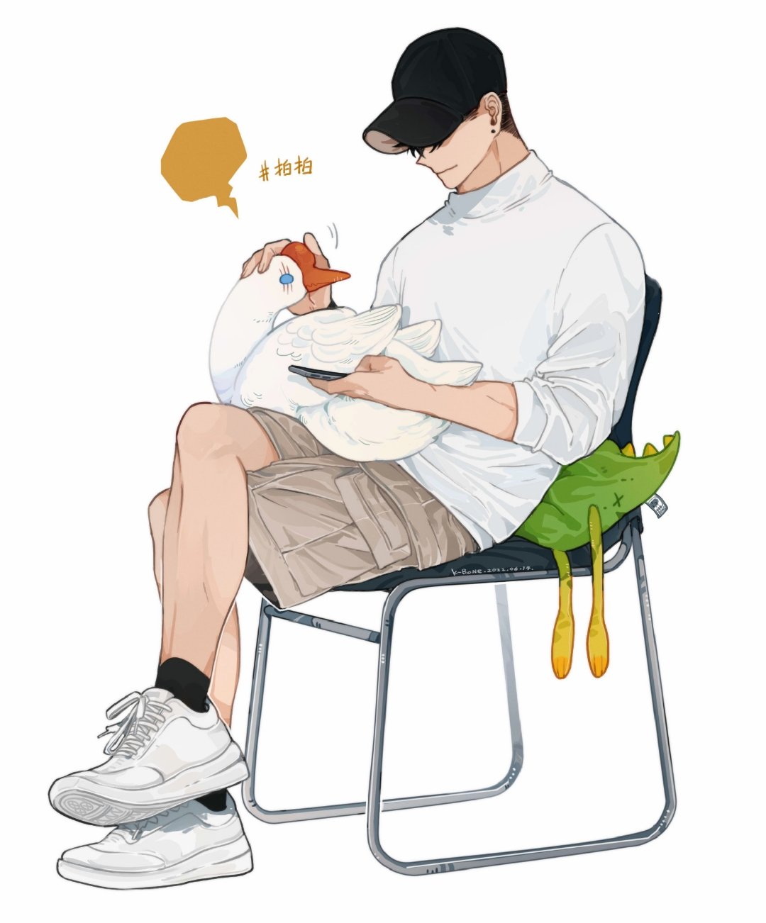 1boy 2022 animal animal_on_lap baseball_cap bird black_hair black_headwear black_legwear blank_speech_bubble brown_shorts chair covered_eyes crossed_legs dated earrings full_body goose hat highres holding holding_phone jewelry k-bone long_sleeves looking_at_animal male_focus on_lap original petting phone shirt shoes short_hair shorts sitting sleeves_pushed_up sneakers solo speech_bubble stuffed_animal stuffed_toy turtleneck very_short_hair white_background white_footwear white_shirt