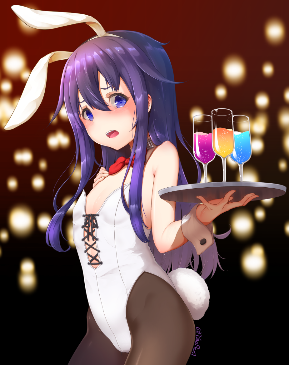 1girl akatsuki_(kantai_collection) alternate_costume animal_ears bangs bare_shoulders black_legwear blush bow bowtie breasts bunny_girl bunny_tail bunnysuit commentary_request drink hair_between_eyes holding holding_tray kantai_collection leotard long_hair looking_at_viewer open_mouth pantyhose purple_hair rabbit_ears red_neckwear small_breasts solo strapless strapless_leotard tail tray twitter_username very_long_hair violet_eyes white_leotard wrist_cuffs yaosera