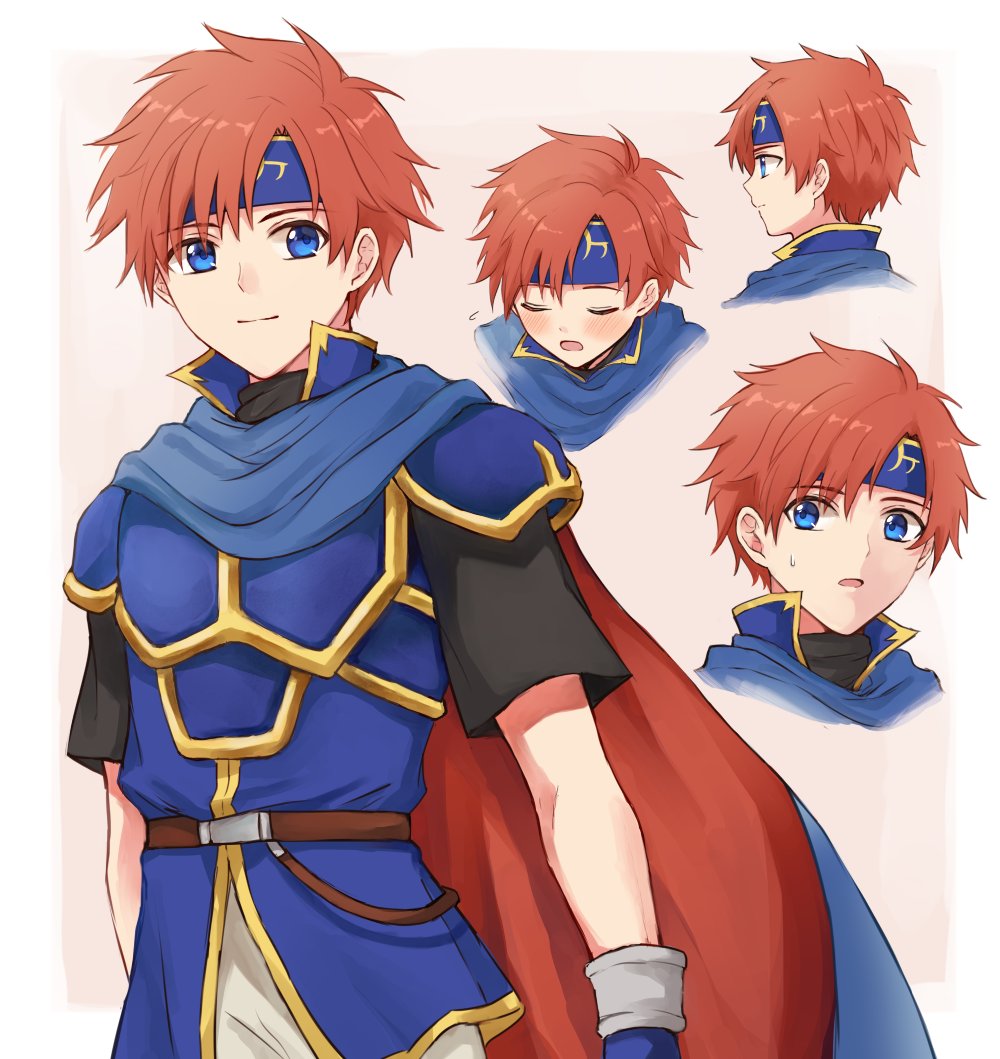 1boy armor blush closed_eyes fire_emblem fire_emblem:_fuuin_no_tsurugi headband looking_at_viewer male_focus redhead roy_(fire_emblem) short_hair simple_background smile solo wspread