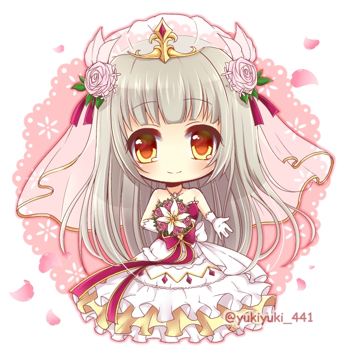 1girl bangs bare_shoulders blush bouquet bow bridal_veil brown_eyes chibi closed_mouth collarbone commentary_request dress eyebrows_visible_through_hair flower full_body gloves grey_hair hair_flower hair_ornament holding holding_bouquet long_hair outstretched_arm petals pink_flower pink_rose purple_bow purple_ribbon ribbon rose rouche_(shironeko_project) shironeko_project smile solo strapless strapless_dress twitter_username veil very_long_hair wedding_dress white_dress white_flower white_gloves yukiyuki_441