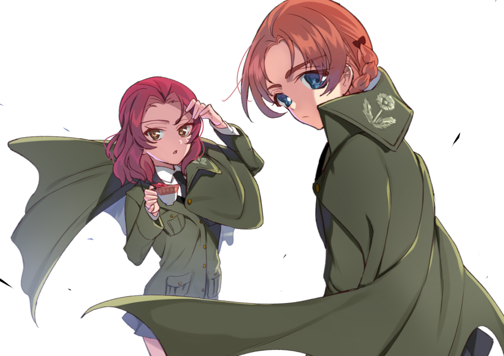 2girls adjusting_hair alternate_costume bangs black_bow black_legwear black_skirt blue_eyes bow braid brown_eyes cape closed_mouth commentary cup dress_shirt eyebrows_visible_through_hair from_behind from_side frown girls_und_panzer green_cape green_jacket hair_bow holding jacket long_sleeves looking_at_another looking_back miniskirt multiple_girls necktie orange_hair orange_pekoe parted_bangs parted_lips pleated_skirt redhead rosehip shirt short_hair shutou_mq skirt standing teacup tied_hair twin_braids white_background white_shirt wind