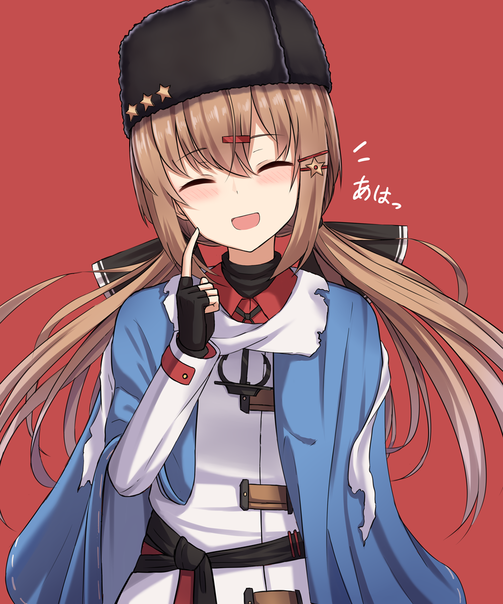 1girl ^_^ ^o^ black_gloves black_hat brown_eyes brown_hair closed_eyes fingerless_gloves gloves hair_between_eyes hair_ornament hairclip hat highres kantai_collection long_hair long_sleeves open_mouth rabochicken red_background simple_background smile solo tashkent_(kantai_collection) twintails