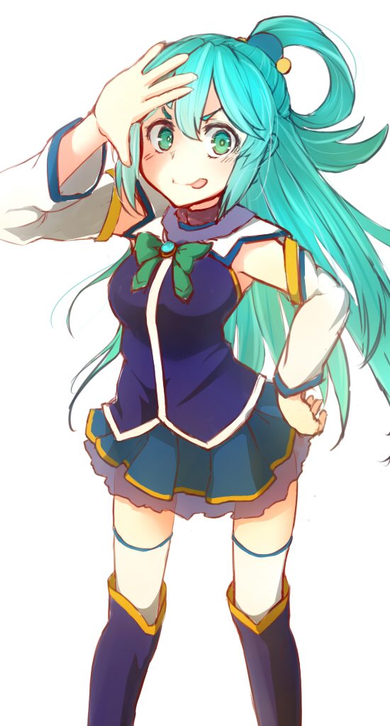 1girl aqua_(konosuba) aqua_eyes aqua_hair arm_up blue blue_legwear blue_skirt bow bowtie breasts detached_sleeves hand_on_head hand_on_hip hand_up kono_subarashii_sekai_ni_shukufuku_wo! long_hair looking_at_viewer medium_breasts orihiro0614 shirt simple_background skirt solo standing thigh-highs thighhighs_under_boots tongue tongue_out white_background