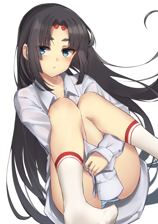 1girl :&lt; black_hair blue_eyes blush dress_shirt fate/grand_order fate_(series) hair_down leg_hug long_hair no_pants p!nta panties shirt simple_background sleeves_past_fingers solo striped striped_panties thick_eyebrows underwear ushiwakamaru_(fate/grand_order) very_long_hair white_background white_shirt