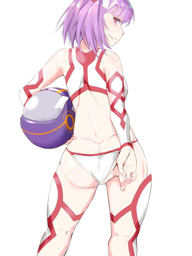 1girl adjusting_clothes adjusting_swimsuit ass back bangs bare_back bare_shoulders bikini blunt_bangs blush bow detached_sleeves dimples_of_venus eyebrows_visible_through_hair fate/grand_order fate_(series) hair_bow headwear_removed helena_blavatsky_(swimsuit_archer)_(fate) helmet helmet_removed legs_apart long_sleeves looking_at_viewer p_answer parted_lips profile shiny shiny_hair short_hair simple_background smile solo standing swimsuit thigh-highs watermark web_address white_background white_bikini white_legwear