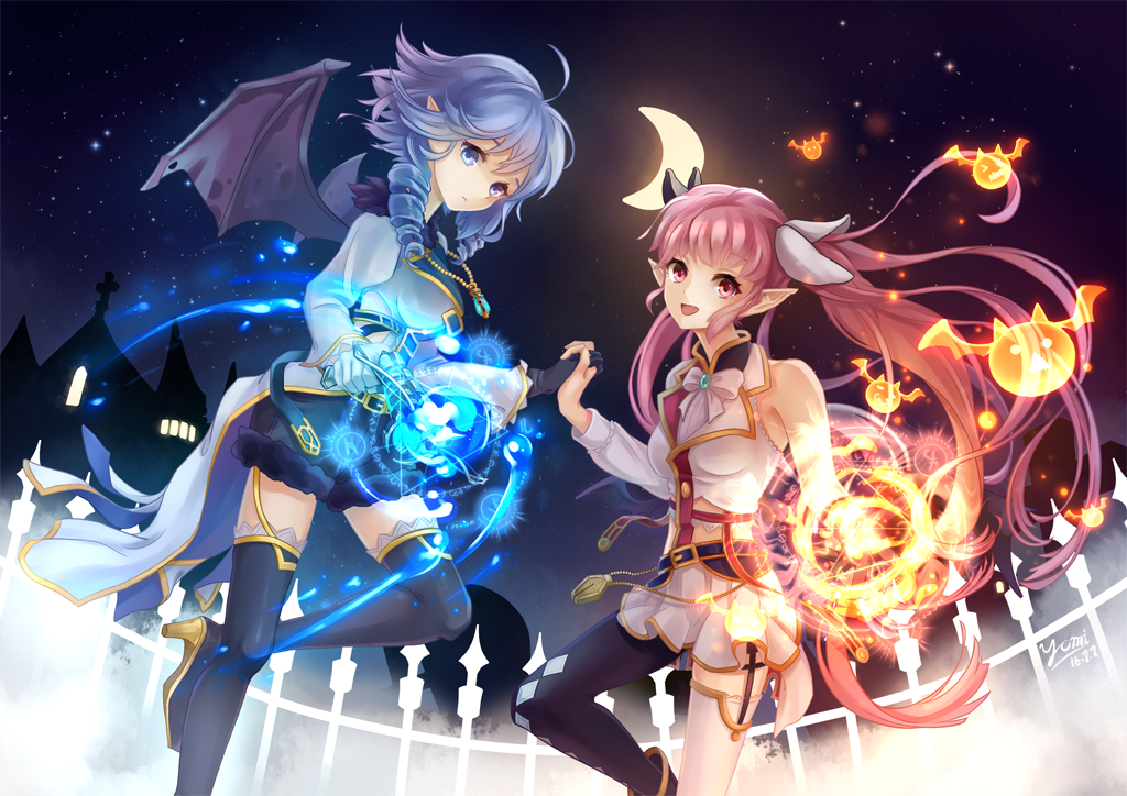 2girls :d bat_wings belt black_gloves black_legwear black_skirt blue_eyes crescent_moon dated drill_hair fence gloves hand_holding jewelry long_hair magic moon multiple_girls necklace night night_sky open_mouth outdoors pink_eyes pink_hair pointy_ears purple_hair skirt sky smile thigh-highs very_long_hair wings youzixiaoming