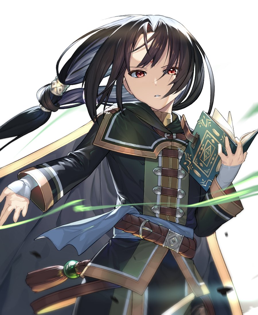 1boy black_hair book cape facial_mark fire_emblem fire_emblem:_souen_no_kiseki long_hair male_focus red_eyes simple_background solo soren tdob_mk2 white_background