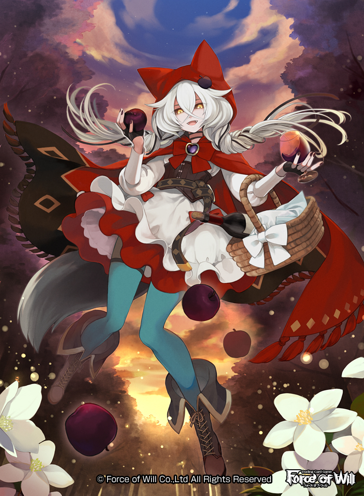 1girl apple apron basket boots bottle bow bowtie braid cape clouds company_name cup drinking_glass fangs fingerless_gloves flower food force_of_will fruit gloves hood leaf long_hair nail_polish nyarlathotep_(force_of_will) official_art open_mouth sky solo thigh-highs tree twin_braids white_hair wine_bottle wine_glass yellow_eyes yuko_(uc_yuk)