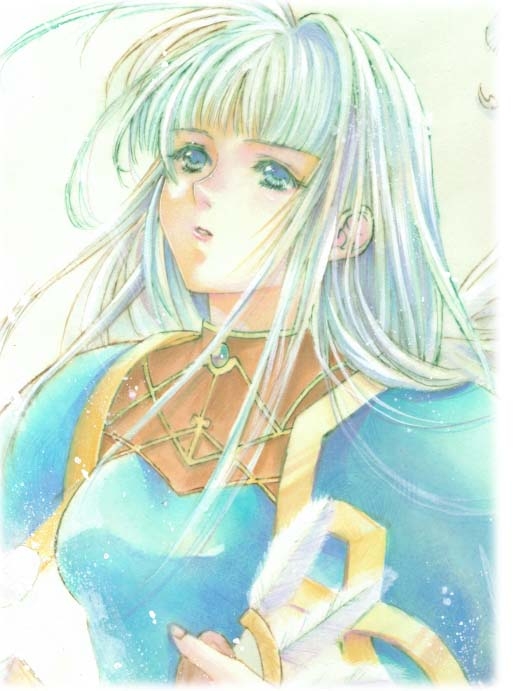 1girl armor armored_dress artist_request breasts helmet lenneth_valkyrie long_hair solo valkyrie valkyrie_profile winged_helmet