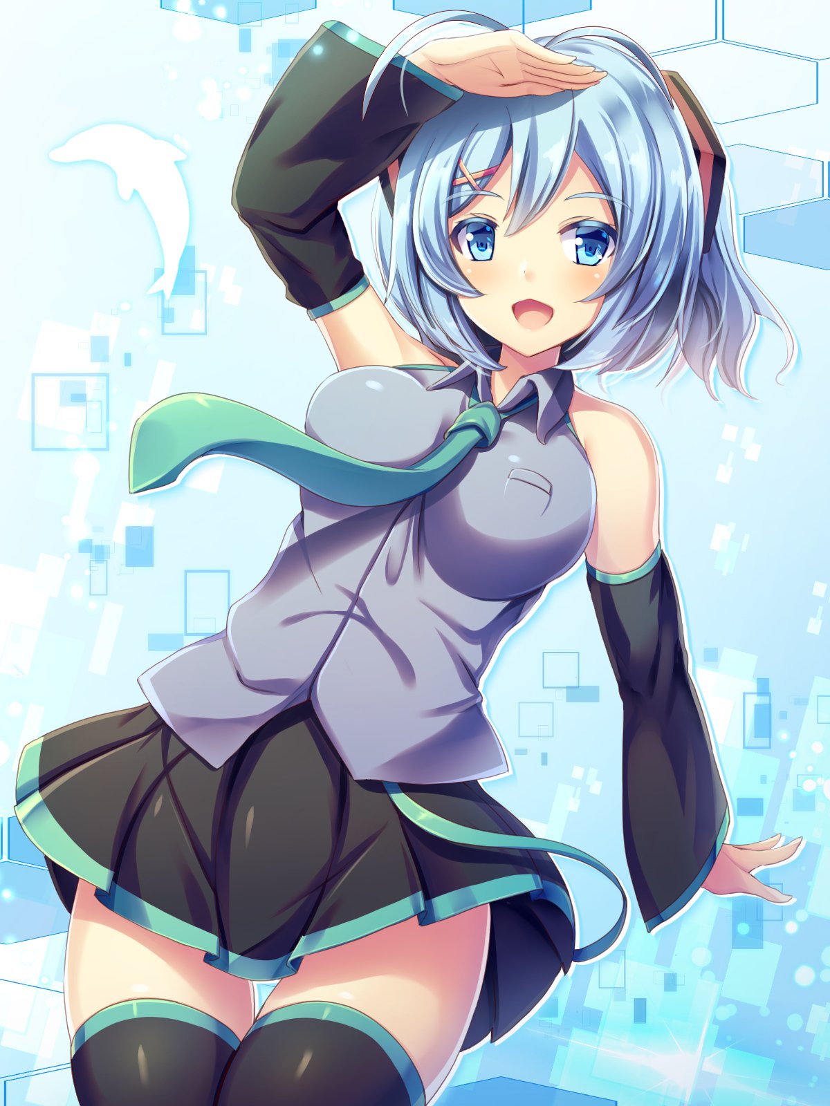 1girl :d aqua_eyes aqua_hair aqua_neckwear bare_shoulders black_legwear black_skirt breasts collared_shirt commentary_request cosplay cowboy_shot dennou_shoujo_youtuber_shiro detached_sleeves dolphin eyebrows_visible_through_hair hand_on_head hatsune_miku hatsune_miku_(cosplay) highres impossible_clothes impossible_shirt large_breasts leaning_back liya looking_at_viewer miniskirt necktie open_mouth pleated_skirt shiro_(dennou_shoujo_youtuber_shiro) shirt short_hair skirt smile solo thigh-highs virtual_youtuber vocaloid wide_sleeves wing_collar