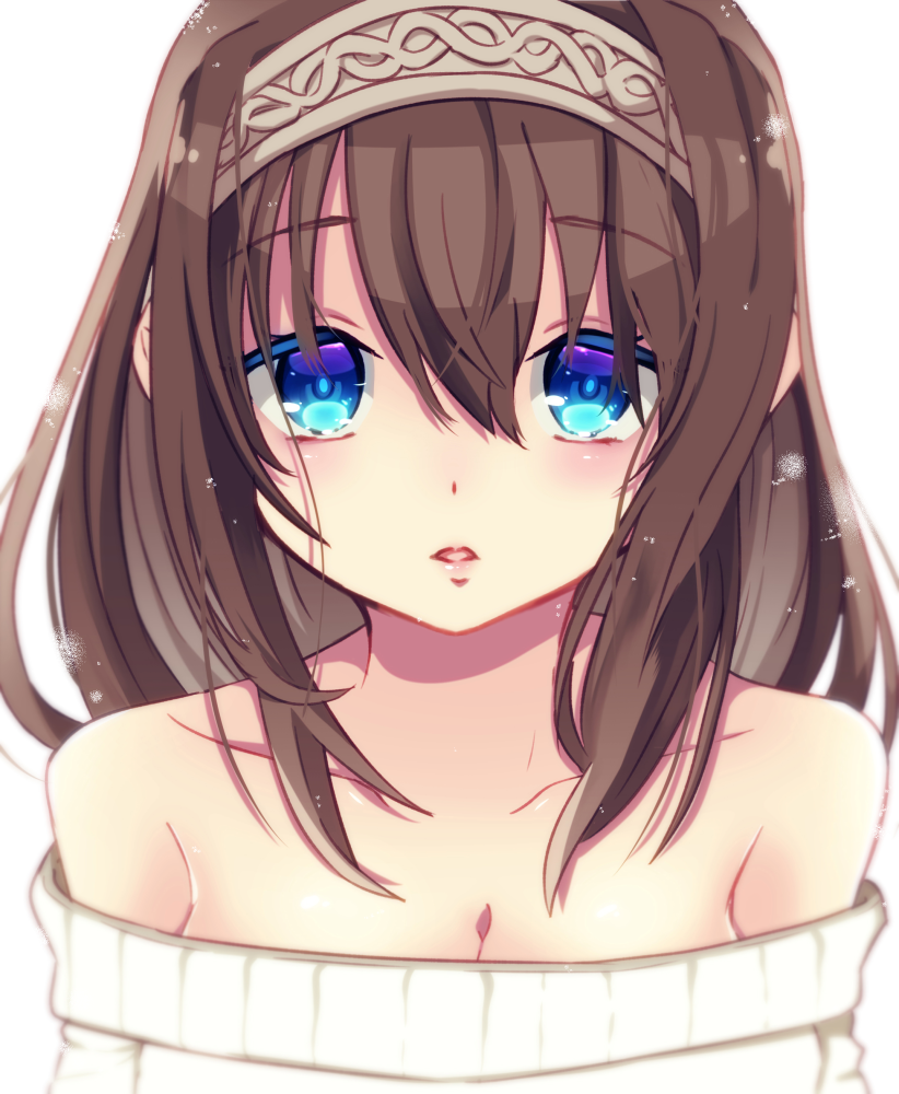 1girl bangs bare_shoulders blue_eyes blush breasts brown_hair cleavage collarbone colored_eyelashes eyebrows_visible_through_hair hair_between_eyes hairband idolmaster idolmaster_cinderella_girls long_hair looking_at_viewer medium_breasts off-shoulder_sweater parted_lips sagisawa_fumika shiny shiny_hair simple_background solo sweater upper_body white_background white_sweater yahagi_(yui1251)