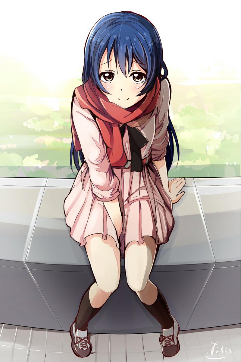 1girl arm_support bangs between_legs blue_hair blush commentary_request dress eyebrows_visible_through_hair from_above full_body hand_between_legs highres long_hair looking_at_viewer love_live! love_live!_school_idol_project red_scarf scarf sitting skirt smile solo sonoda_umi tata_(tataice)