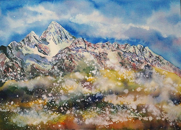 blue_sky clouds cloudy_sky commentary commentary_request cxykinya day landscape mountain nature original outdoors scenery sky snow snowing traditional_media watercolor_(medium) winter