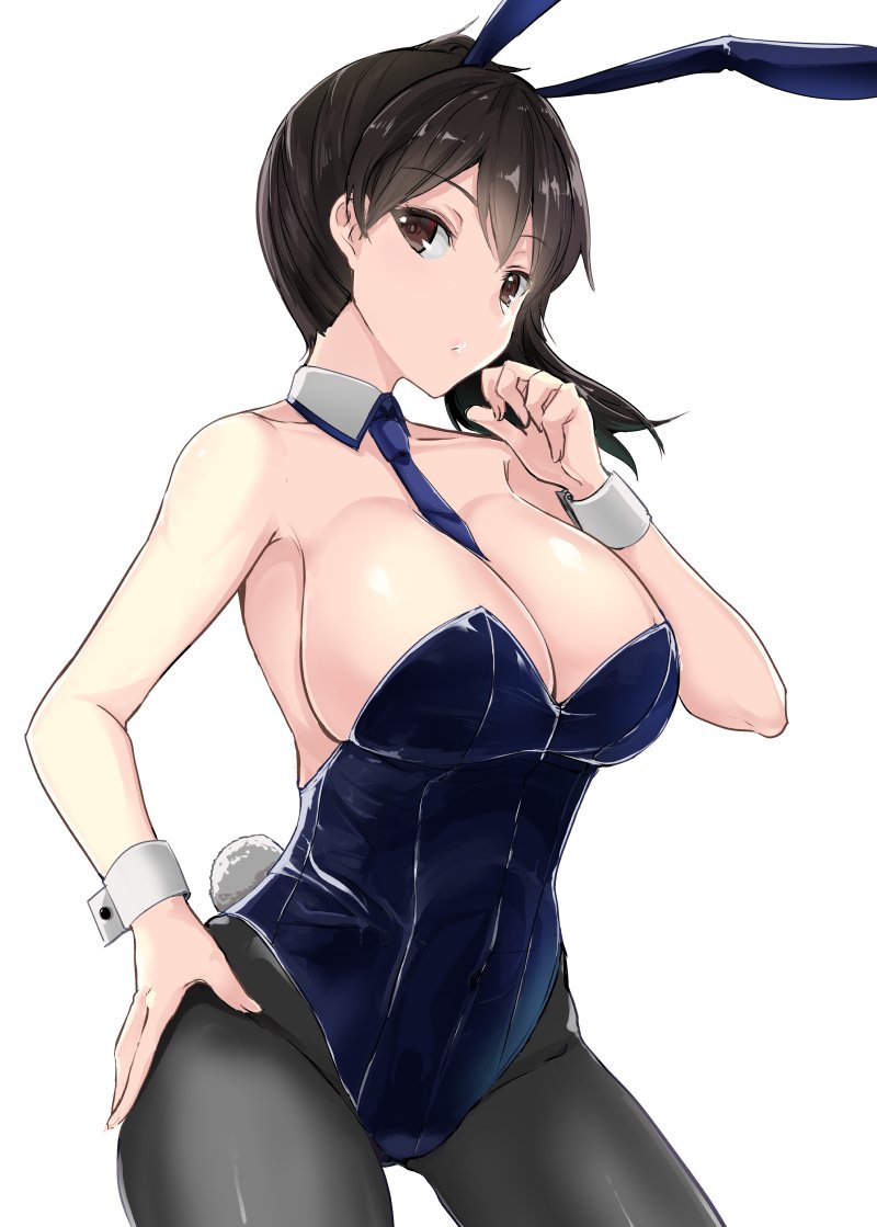1girl animal_ears between_breasts blue_leotard blue_neckwear breasts brown_eyes brown_hair bunny_tail bunnysuit cleavage collarbone cowboy_shot detached_collar eyebrows_visible_through_hair fake_animal_ears fake_tail gin'ichi_(akacia) hand_on_hip kaga_(kantai_collection) kantai_collection large_breasts leotard looking_at_viewer necktie necktie_between_breasts pantyhose rabbit_ears side_ponytail simple_background solo tail thighs white_background wrist_cuffs