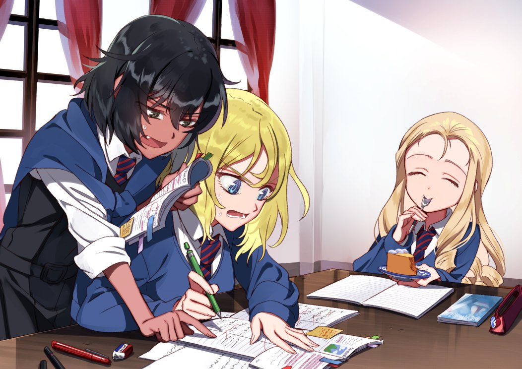 3girls andou_(girls_und_panzer) angry bangs bc_freedom_school_uniform black_hair black_skirt black_vest blonde_hair blue_neckwear blue_sweater book brown_eyes cake cardigan closed_eyes closed_mouth commentary_request curtains dark_skin dress_shirt drill_hair eating eraser eyebrows_visible_through_hair fang food fork frown girls_und_panzer holding holding_book holding_food homework indoors long_hair long_sleeves marie_(girls_und_panzer) mechanical_pencil medium_hair miniskirt multicolored_neckwear multiple_girls necktie notebook open_mouth oshida_(girls_und_panzer) paper pen pencil plate pleated_skirt red_neckwear shirt shutou_mq sitting skirt smile standing striped_neckwear sweatdrop sweater sweater_around_neck table v-shaped_eyebrows vest white_shirt wing_collar