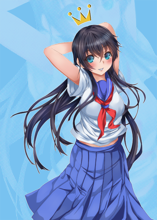 1girl arms_behind_head arms_up black_hair blue_background blue_eyes blue_skirt crown flower hair_flower hair_ornament kizaki_aoi long_hair long_skirt neckerchief parted_lips pleated_skirt red_neckwear saten_ruiko school_uniform serafuku skirt smile solo to_aru_kagaku_no_railgun to_aru_majutsu_no_index zoom_layer