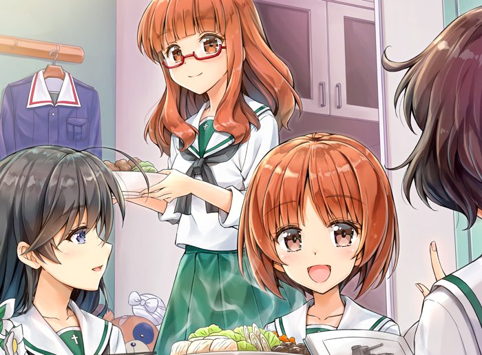 4girls akiyama_yukari black_eyes black_hair boko_(girls_und_panzer) brown_eyes brown_hair clothes_removed commentary_request cowboy_shot food girls_und_panzer glasses green_skirt index_finger_raised isuzu_hana kotatsu_(kotatsu358) long_hair multiple_girls nishizumi_miho ooarai_military_uniform ooarai_school_uniform orange_eyes orange_hair pleated_skirt red-framed_eyewear sailor_collar school_uniform semi-rimless_eyewear serafuku sitting skirt stuffed_animal stuffed_toy takebe_saori teddy_bear under-rim_eyewear upper_body white_sailor_collar