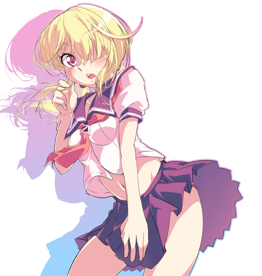 1girl black_skirt blonde_hair blush eyebrows_visible_through_hair hair_over_one_eye kurosa_kichi leaning_forward long_hair looking_at_viewer low_twintails mole mole_under_eye navel neckerchief open_mouth photokano pleated_skirt sailor_collar school_uniform skirt skirt_lift skirt_tug solo surprised twintails uchida_yuuko violet_eyes wind wind_lift