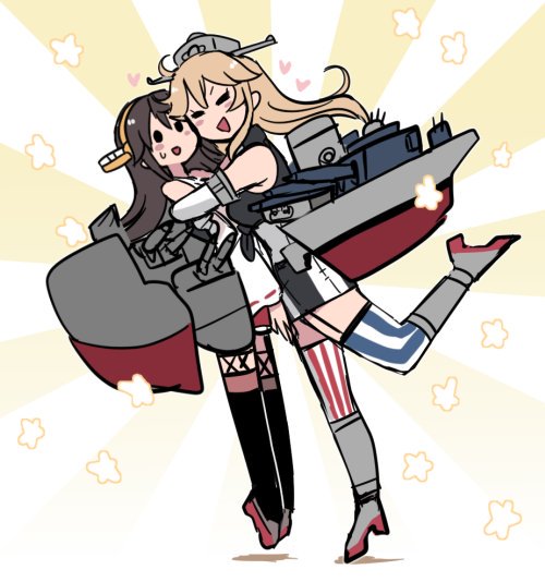 2girls heart hug iowa_(kantai_collection) kantai_collection kongou_(kantai_collection) multiple_girls smile sweatdrop terrajin