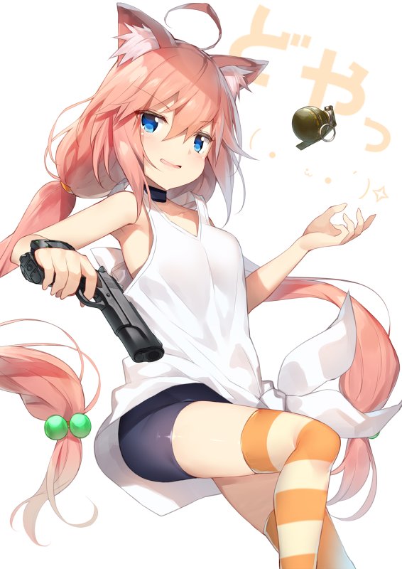 1girl ahoge animal_ears bangs bare_arms bike_shorts black_choker black_shorts blue_eyes breasts cat_ears choker collarbone commentary_request emoticon explosive eyebrows_visible_through_hair grenade gun hair_between_eyes hair_bobbles hair_ornament handgun hinata_channel holding holding_gun holding_weapon long_hair looking_at_viewer low_twintails mismatched_legwear nekomiya_hinata orange_legwear parted_lips pink_hair pistol short_shorts shorts simple_background small_breasts smile solo sparkle striped striped_legwear tank_top thigh-highs translation_request twintails very_long_hair weapon weapon_request white_background white_tank_top yappen