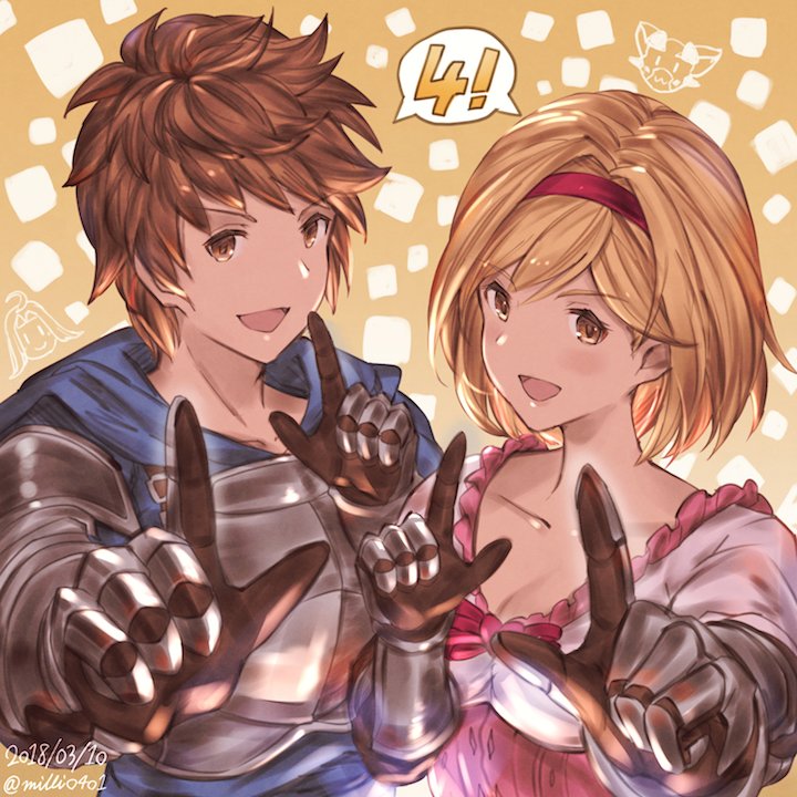 1boy 1girl 4 anniversary blonde_hair bob_cut breastplate brown_hair dated djeeta_(granblue_fantasy) fighter_(granblue_fantasy) gauntlets gran_(granblue_fantasy) granblue_fantasy granblue_fantasy_(style) looking_at_viewer lyria_(granblue_fantasy) milli_little number official_style open_mouth orange_background short_hair simple_background sketch smile twitter_username upper_body vee_(granblue_fantasy)