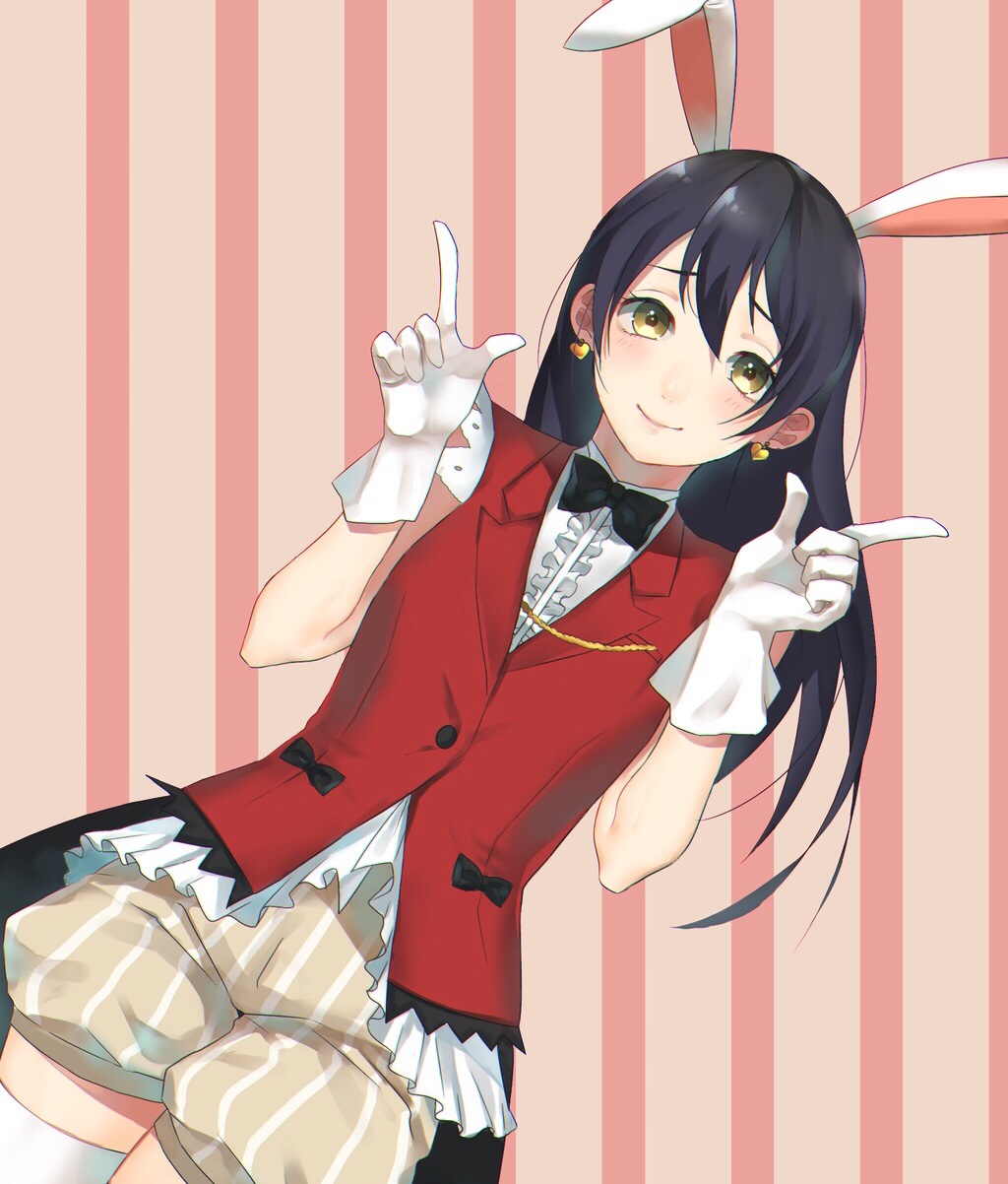 1girl animal_ears bangs blue_hair blush commentary_request cowboy_shot earrings eyebrows_visible_through_hair gloves highres jewelry korekara_no_someday long_hair looking_at_viewer love_live! love_live!_school_idol_project rabbit_ears shorts simple_background sleeveless smile solo sonoda_umi striped striped_background thigh-highs white_gloves white_legwear yellow_eyes