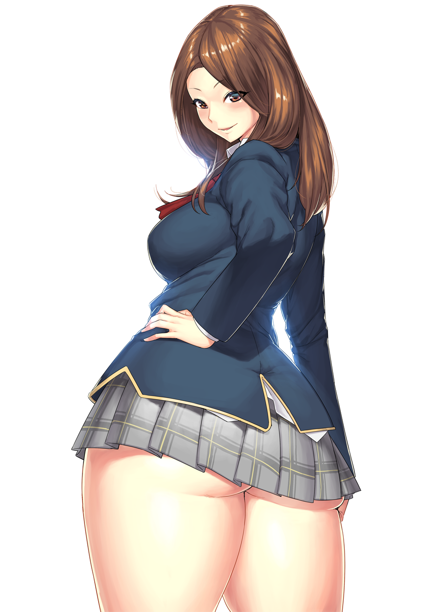 1girl ass breasts brown_eyes brown_hair hakai_shin hand_on_hip highres large_breasts long_hair looking_at_viewer looking_back plaid plaid_skirt raised_eyebrows school_uniform simple_background skirt smile solo thighs white_background