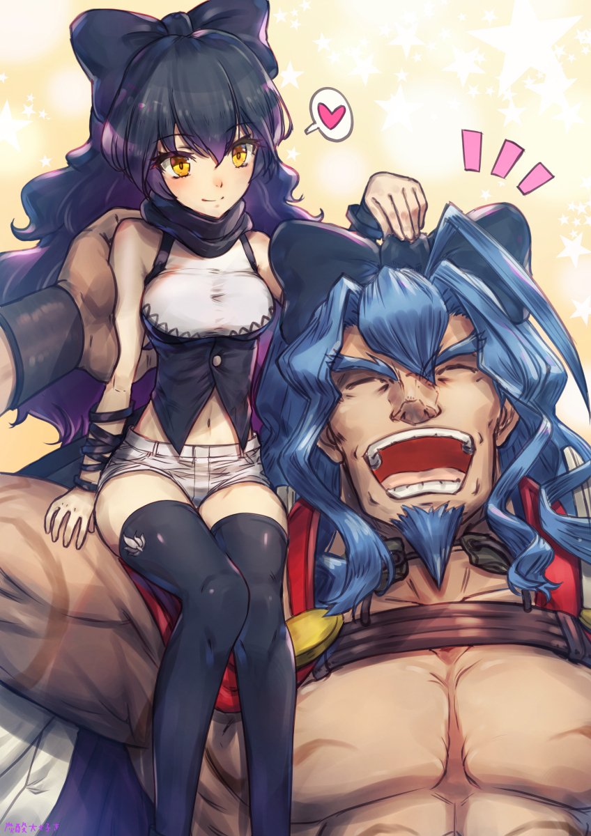 1boy 1girl alternate_legwear artist_name black_bow black_hair black_legwear blake_belladonna blue_hair blush bow breasts character_request closed_eyes copyright_request eyebrows_visible_through_hair facing_another hair_bow heart highres large_breasts long_hair looking_at_another navel open_mouth rwby short_hair sitting smile speech_bubble spoken_heart tansan_daisuki teeth thigh-highs yellow_eyes