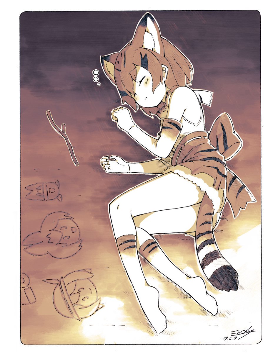 1girl animal_ears bare_shoulders bow bowtie cat_ears cat_tail drawing elbow_gloves enk_0822 gloves highres kaban_(kemono_friends) kemono_friends kneehighs lucky_beast_(kemono_friends) multicolored_hair sand_cat_(kemono_friends) serval_(kemono_friends) short_hair skirt sleeveless solo stick tail vest