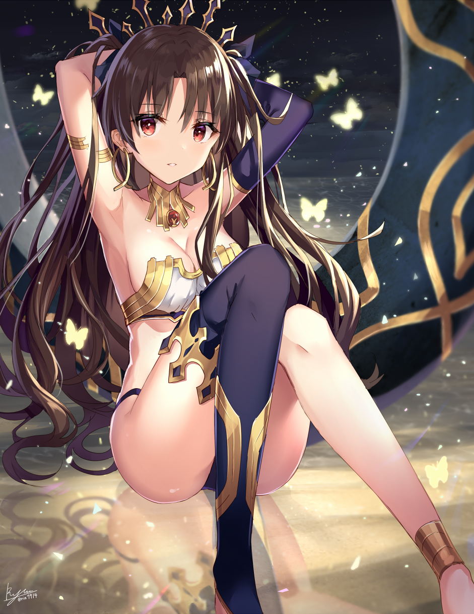 1girl anklet armlet armpits arms_behind_head arms_up asymmetrical_legwear asymmetrical_sleeves bangs bare_shoulders black_ribbon breasts brown_hair butterfly commentary_request crown earrings elbow_gloves fate/grand_order fate_(series) gloves hair_ribbon heavenly_boat_maanna highres hoop_earrings ishtar_(fate/grand_order) jewelry long_hair looking_at_viewer medium_breasts neck_ring parted_bangs parted_lips red_eyes ribbon rin_yuu signature single_elbow_glove single_thighhigh sitting solo thigh-highs toeless_legwear two_side_up