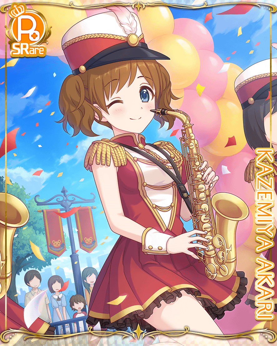 1girl blue_eyes brown_hair card_(medium) cygames instrument kazemiya_akari marching_band official_art one_eye_closed princess_connect! saxophone two_side_up