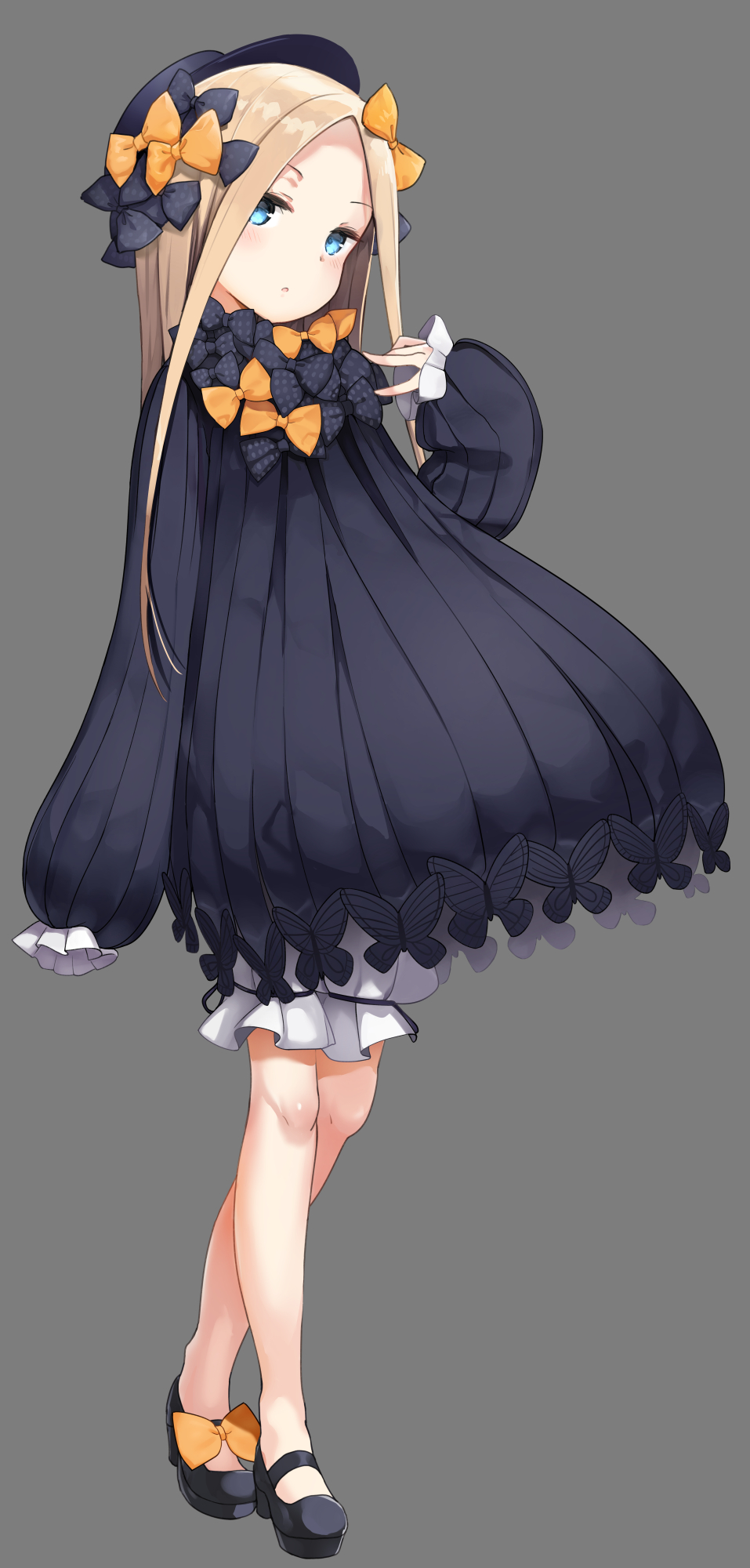 1girl :o abigail_williams_(fate/grand_order) arm_at_side bangs bell_(oppore_coppore) black_bow black_dress black_footwear black_hat blonde_hair bloomers blue_eyes bow dress fate/grand_order fate_(series) fedora full_body grey_background hair_bow hat highres long_hair long_sleeves looking_at_viewer no_socks open_mouth orange_bow parted_bangs polka_dot polka_dot_bow puffy_long_sleeves puffy_sleeves shoes simple_background sleeves_past_fingers sleeves_past_wrists solo standing underwear