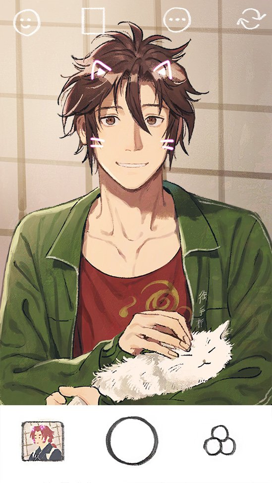 1boy cat collarbone fake_screenshot green_jacket jacket looking_at_viewer male_focus open_clothes open_jacket otegine petting phone_screen red_shirt shirt smile solo tonbokiri_(touken_ranbu) touken_ranbu track_suit upper_body user_interface white_cat