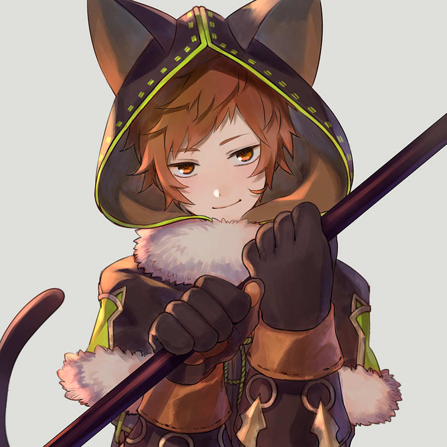 1boy animal_hood black_gloves brown_eyes cat_hood cosplay fake_tail fur_trim gloves gran_(granblue_fantasy) granblue_fantasy grey_background half-closed_eyes hood knights_of_glory kuronekodoushi kuronekodoushi_(cosplay) looking_at_viewer male_focus paw_gloves paws rowya simple_background smile solo staff upper_body