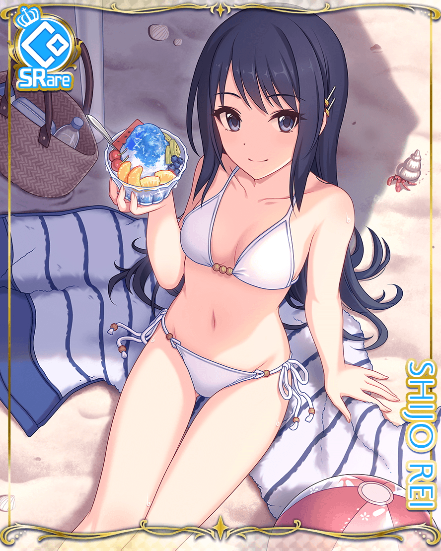 1girl bag ball beachball bikini black_hair card_(medium) cygames food fruit hair_ornament hairclip handbag hermit_crab long_hair official_art princess_connect! sand shaved_ice shijou_rei swimsuit white_swimsuit