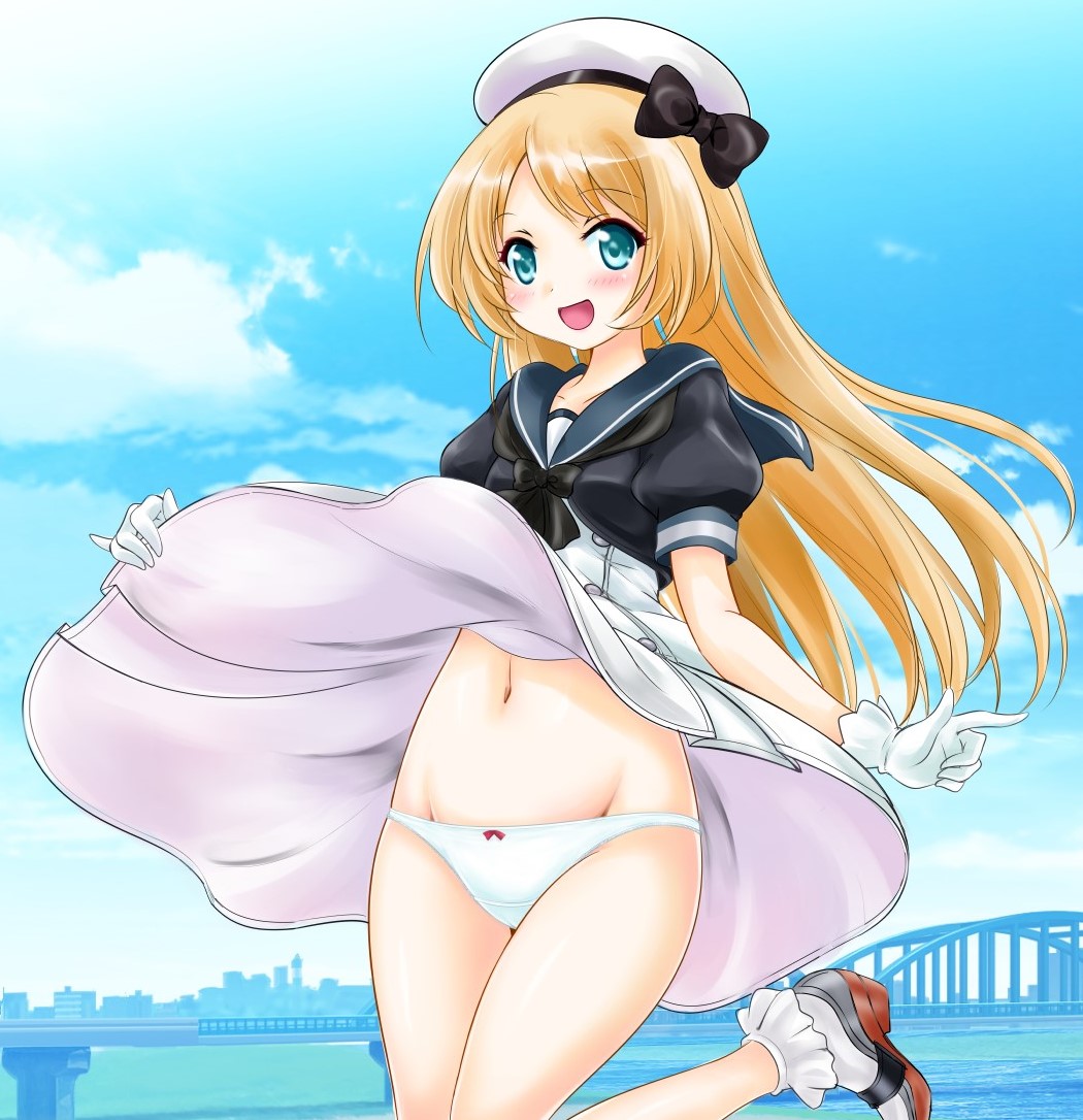1girl :d bangs beret black_bow black_footwear blonde_hair blue_eyes blue_sailor_collar blue_sky blush bobby_socks bow bridge cityscape clouds cropped_jacket day dress dress_lift eyebrows_visible_through_hair gloves hat hat_bow jervis_(kantai_collection) kantai_collection leg_up lifted_by_self long_hair looking_at_viewer navel open_mouth outdoors panties parted_bangs puffy_short_sleeves puffy_sleeves river sailor_collar shiny shiny_hair shoes short_sleeves sky smile socks solo standing standing_on_one_leg stomach tachibana_hiroki underwear white_gloves white_hat white_legwear white_panties