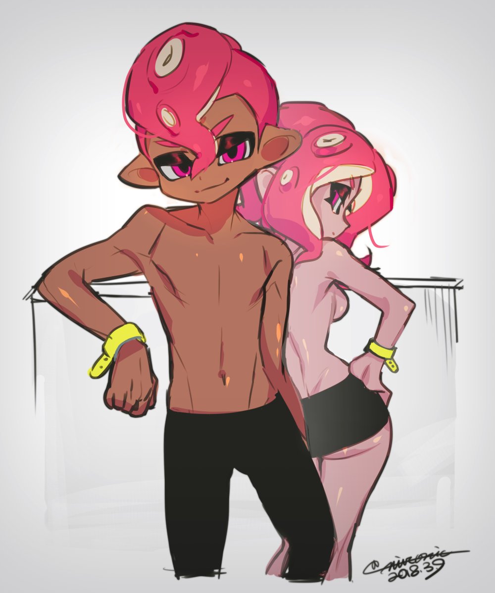 1boy 1girl agent_8 ass black_skirt dark_skin dark_skinned_male dated half-closed_eyes junco looking_at_viewer looking_back miniskirt mohawk octarian pink_hair redhead shirtless skirt smile splatoon splatoon_2 splatoon_2:_octo_expansion takozonesu topless