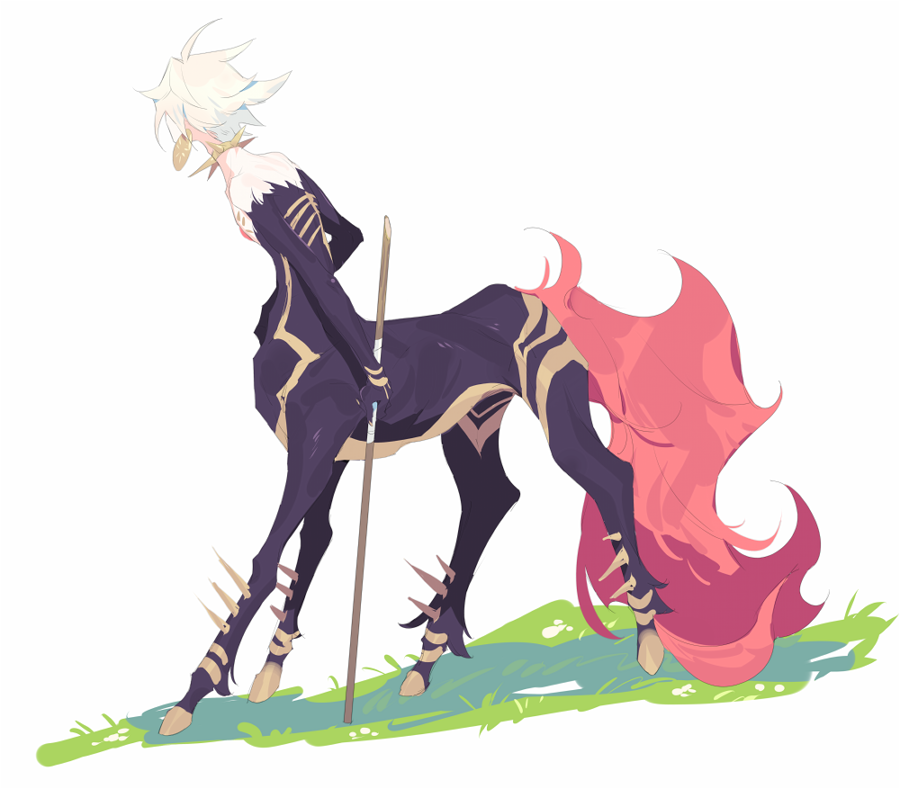 10r_(tulipano) 1boy ahoge centaur collar earrings fate/apocrypha fate_(series) grass hooves jewelry karna_(fate) male_focus monster_boy monsterification simple_background solo spiked_collar spikes spiky_hair staff tail white_background white_hair
